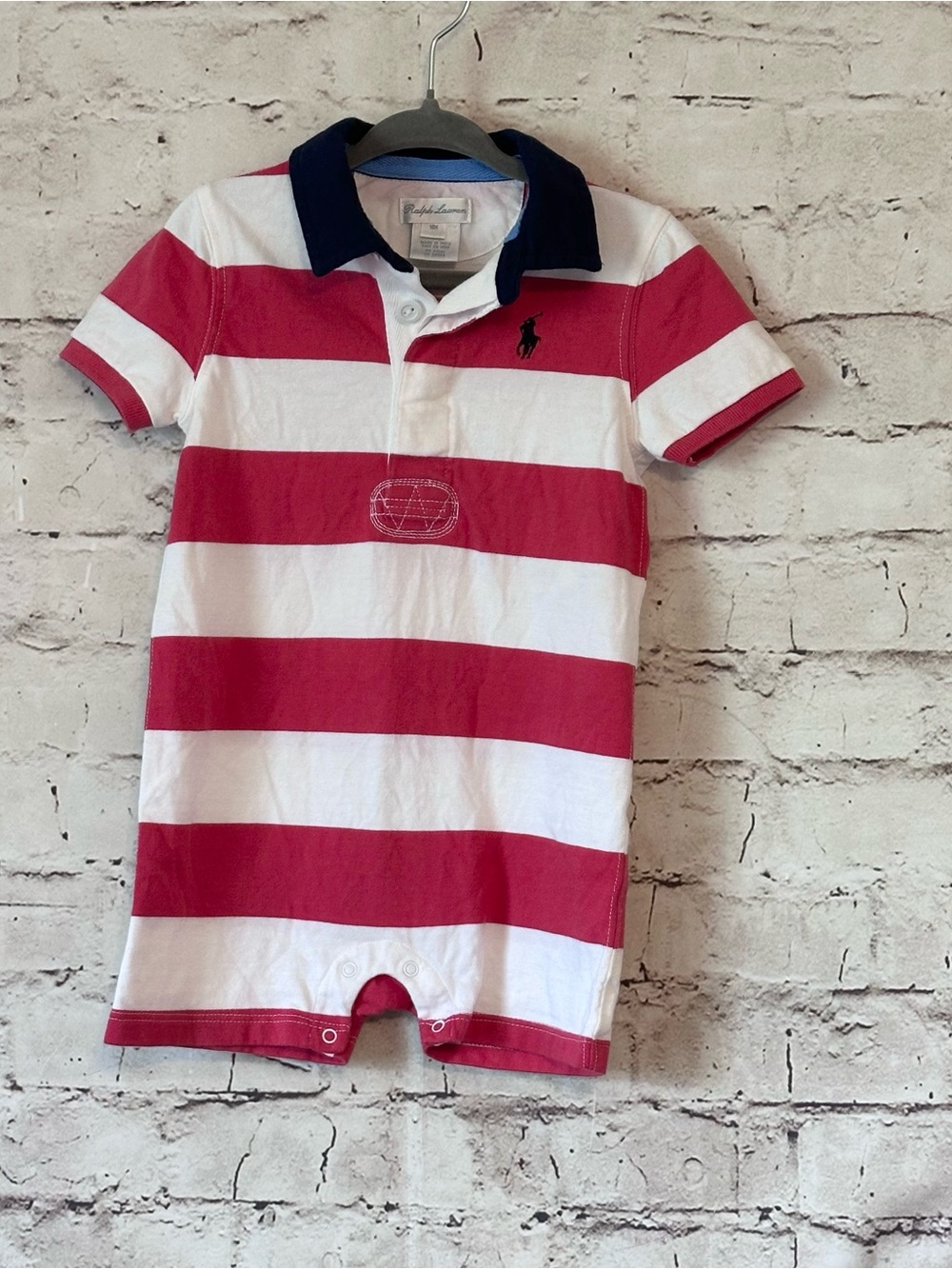 Ralph Lauren Red & White Striped Polo Romper with Navy Collar